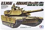 Box art for Tamiya 1/35 scale U.S. M1A1 Abrams tank model kit, featuring an illustration of the tan-colored tank with two crew members.
