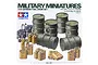 Tamiya 1/35 German Fuel Drum Set model kit box art showing various green fuel drums and yellow jerry cans.
