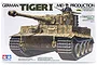 Tamiya 1/35 scale German Tiger I Mid Production tank model kit box art showing a camouflaged tank with a commander figure in the hatch.