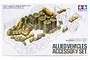 Tamiya 1/35 Allied Vehicle Accessory Set plastic model kit packaging showing various military supplies like drums, jerry cans, and rolled gear.