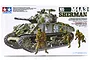 Box art for Tamiya 1/35 scale U.S. M4A3 Sherman 105mm Howitzer model kit, featuring an illustration of the tank and three infantry soldiers.