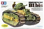 Tamiya 1/35 scale French B1 bis battle tank plastic model kit box art showing a green and yellow camouflaged tank with a commander figure.