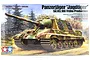 Tamiya 1/35 scale model kit box art for the German Jagdtiger tank destroyer, featuring a detailed illustration of the tank in a forest setting.