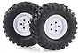 Two 1.9 inch RC crawler wheels with black off-road rubber tires and white plastic rims, shown against a white background.
