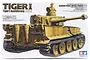 Tamiya 1/35 scale German Tiger I Initial Production Afrika model kit box art showing a desert-camouflaged tank with a commander figure.