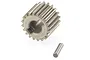 A metal 20-tooth RC input gear with a separate small metal pin on a white background.