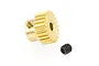 A brass 23-tooth pinion gear for RC cars, shown with a small black grub screw on a white background.