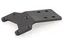 A black, flat, irregularly shaped metal chassis plate with multiple countersunk screw holes, viewed from an angle against a white background.