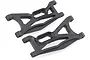 Two black plastic front lower suspension arms for an HSP 2WD RC car, viewed from an angle against a white background.