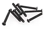 A small pile of black metal countersunk machine screws with cross-head drives.