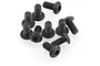 A group of ten black metal button head screws with hex sockets, arranged on a white background.