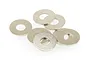 A small pile of silver-coloured metal washers on a white background.