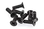 A small pile of eight black metal countersunk Phillips head screws on a white background.