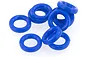 A small pile of bright blue silicone O-rings scattered on a white background.