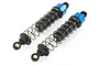 Two assembled HSP RC car shock absorbers with blue anodized aluminum caps and black plastic bodies on a white background.