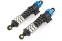 Two assembled RC shock absorbers with blue anodized aluminum caps and black plastic bodies on a white background.