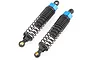Two assembled HSP RC shock absorbers with black springs and blue anodized aluminum top caps, isolated on a white background.