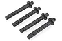Four black plastic RC car body posts arranged diagonally on a white background.
