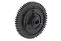 A black plastic spur gear for an RC car, featuring a central hub with a D-shaped hole and three mounting points.