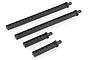 A set of four black plastic RC car body posts of varying lengths, arranged diagonally on a white background.