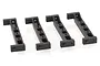 Four black plastic RC chassis braces arranged in a row against a white background.