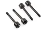 Four black metal RC front wheel axles arranged diagonally on a white background.