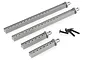 A set of four gunmetal grey aluminium RC body posts of varying lengths and four black metal screws on a white background.