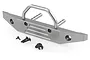 A gunmetal grey aluminium front bumper for an RC car, featuring a bull bar, mounting posts, and included screws and small plastic clips.