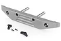 A gunmetal grey aluminium rear bumper for an RC car, featuring mounting posts, small black screws, and plastic clips on a white background.
