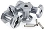 A set of four gunmetal grey aluminium RC wheel hex adapters with matching metal pins on a white background.