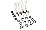 A collection of HSP RC4 shock absorber spare parts including four metal springs, plastic shock ends, spacers, and small metal pivot balls on a white background.