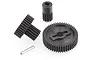 A set of black plastic RC car transmission gears and a small metal pin on a white background.