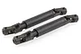 Two black metal telescopic universal drive shafts for RC vehicles, shown at an angle against a white background.