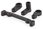 A set of four black plastic RC steering components including a steering rack and servo saver parts.