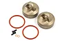 Two gunmetal aluminium shock caps with TLR branding, two red O-rings, one small black screw, and two tiny copper washers on a white background.