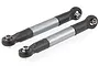 Two gunmetal grey and black RC suspension linkages with ball ends, shown against a white background.