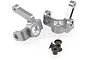 Two gunmetal grey aluminium steering hubs for HSP RC cars with four small black plastic bushes on a white background.