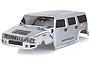 A silver pre-painted 1/10 scale RC Hummer-style body shell with black window decals and Hammer branding on a white background.