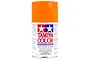 A 100ml can of Tamiya PS-62 Pure Orange polycarbonate spray paint, featuring the Tamiya logo and safety warnings on a white background.