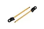 Two gold-colored titanium nitride coated shock shafts with black plastic rod ends and metal pivot balls, isolated on a white background.