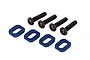 Four blue anodized aluminium rectangular spacers and four black metal machine screws arranged on a white background.