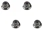 Four black steel flanged nyloc nuts arranged in a square pattern on a white background.