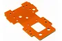 An orange anodized aluminium lower bulkhead plate for an HPI Savage RC truck, featuring multiple mounting holes and a central square cutout.