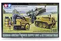 Tamiya 1/48 scale model kit box art featuring a German Kettenkraftrad, a power supply unit, and a fighter aircraft with two soldiers.