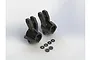 A pair of black ARRMA rear hubs with five small black washers on a white background.