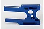 A blue anodized aluminium motor mount for an RC vehicle, featuring a machined design with mounting holes and slots.
