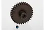 A dark grey steel 34T 1Mod pinion gear for RC cars, shown with a small grub screw with blue thread locker.