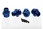 Four blue anodized aluminum 17mm splined wheel hex adapters with four black grub screws arranged on a white background.