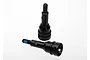 Two black steel Traxxas CVD wheel axles for RC cars, one standing upright and one lying horizontally on a white background.