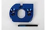 A blue anodized aluminium motor plate for an RC car with a single black threaded grub screw positioned below it on a white background.